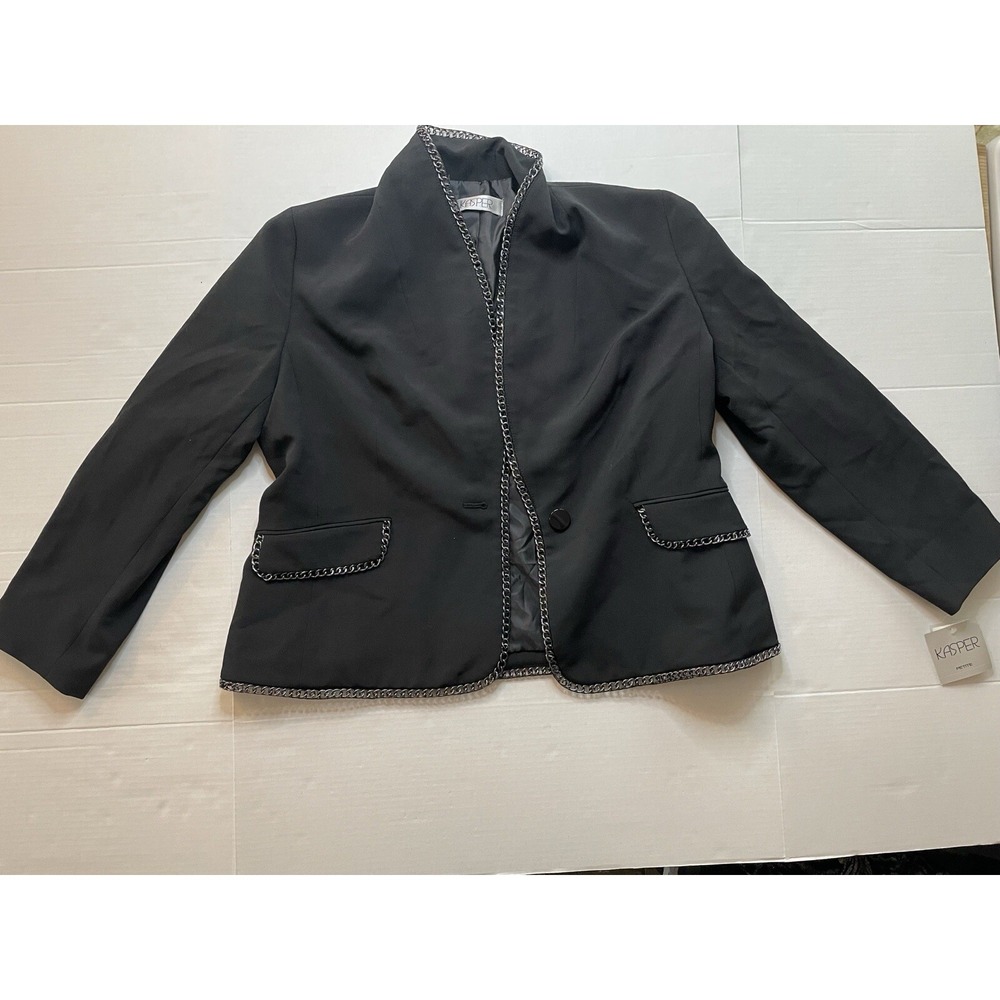 KASPER Black Embellished Button Front Lined Jacket Blazer Size 16P retail $139 - Picture 2 of 13